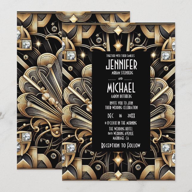 Art Deco Black & Gold Diamond Wedding Invitations (Front/Back)