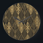Art Deco Black Gold Elegance Large Clock<br><div class="desc">Art Deco Pattern. Seamless black and gold background. Metallic shells or scales lace ornament in rhombuses. Minimalistic geometric design. Vintage lines. 1920-30s motifs. Luxury vintage patchwork. Art Deco Pattern - black and gold elegance. Embrace the luxurious vintage vibes. Step into the opulence of art deco black and gold. deco, background,...</div>