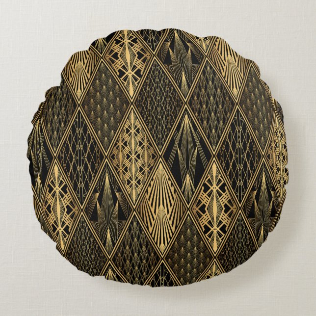 Art Deco Black Gold Elegance Round Cushion (Front)