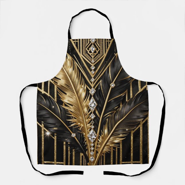 Art Deco Black Gold Feathers Apron (Front)