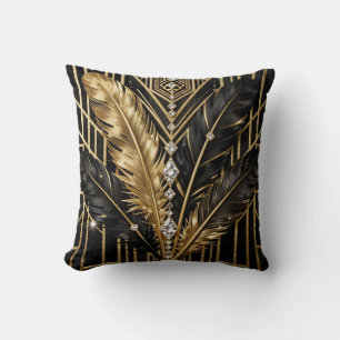 Art Deco Black Gold Feathers Cushion