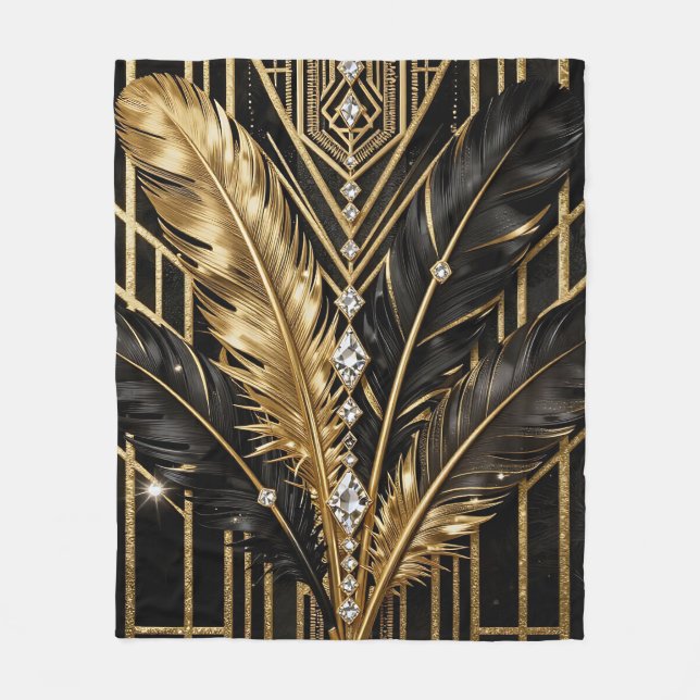 Art Deco Black Gold Feathers Fleece Blanket (Front)