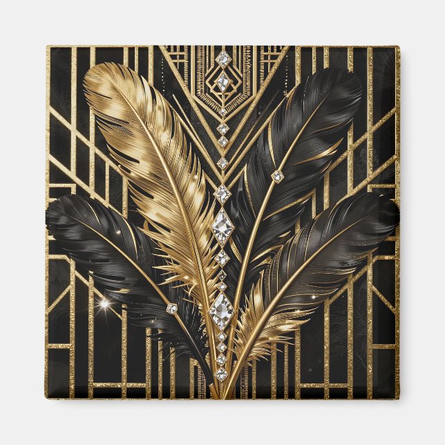 Art Deco Black Gold Feathers Magnet (Front)