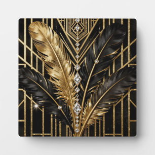 Art Deco Black Gold Feathers Plaque