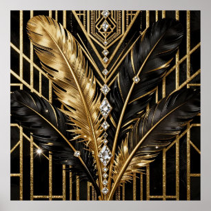 Art Deco Black Gold Feathers Poster