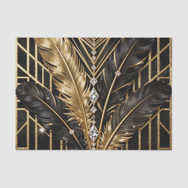 Art Deco Black Gold Feathers Tissue Paper (Front)