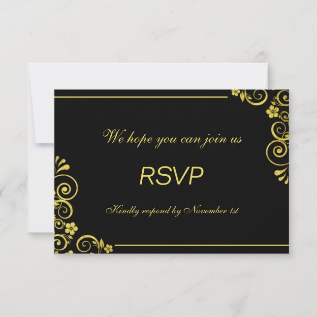 Art Deco Black gold  Floral Swirls Wedding RSVP (Front)