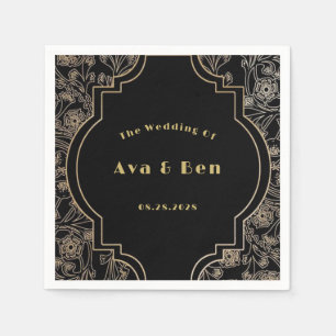 Art Deco Black Gold Flowers Wedding Napkin