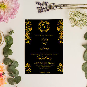 Art Deco Black Gold Foil Monogram Classic Wedding Invitation