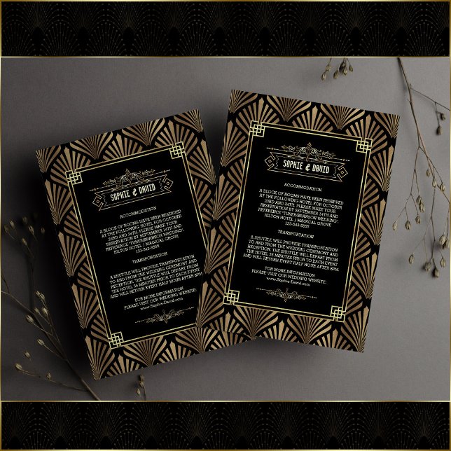 Art Deco Black Gold Gatsby 1920s Wedding Details Enclosure Card (wedding Art Deco details, wedding accommodations card, gold black enclosure card wedding details)