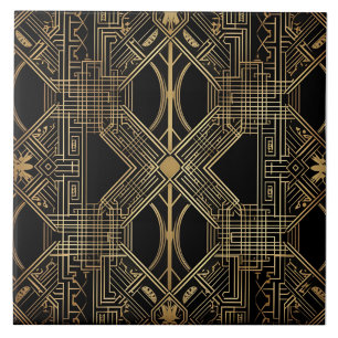 Art Deco, Black Gold, Geometric Pattern Ceramic Tile