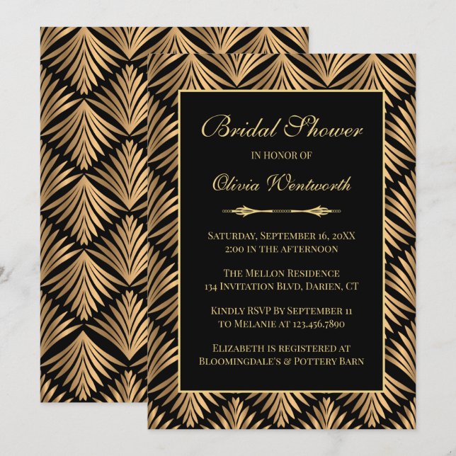 Art Deco Black Gold Great Gatsby Bridal Shower Invitation (Front/Back)