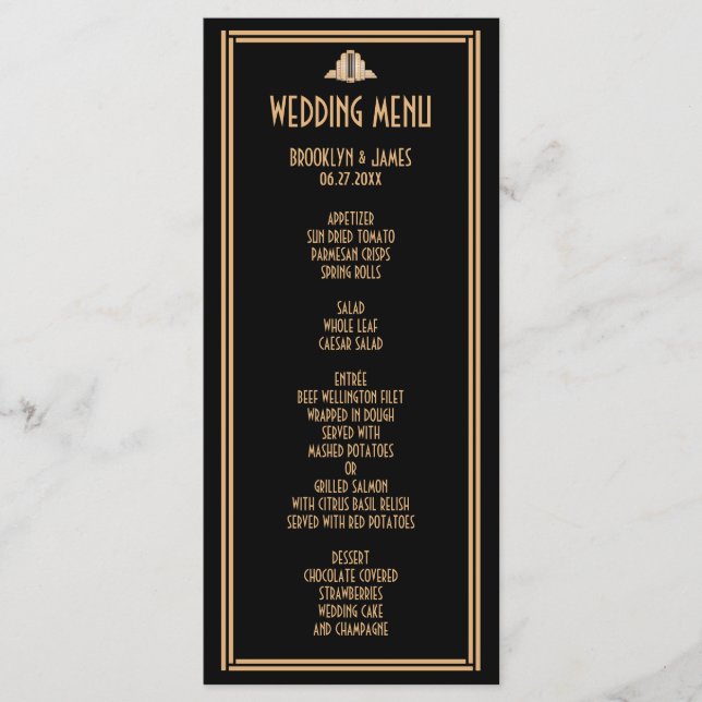 Art Deco Black Gold Great Gatsby Wedding Menu Card (Front)