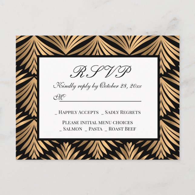 Art Deco Black Gold Great Gatsby Wedding RSVP Card (Front)