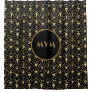 Art Deco Black Gold Monogram Shower Curtain
