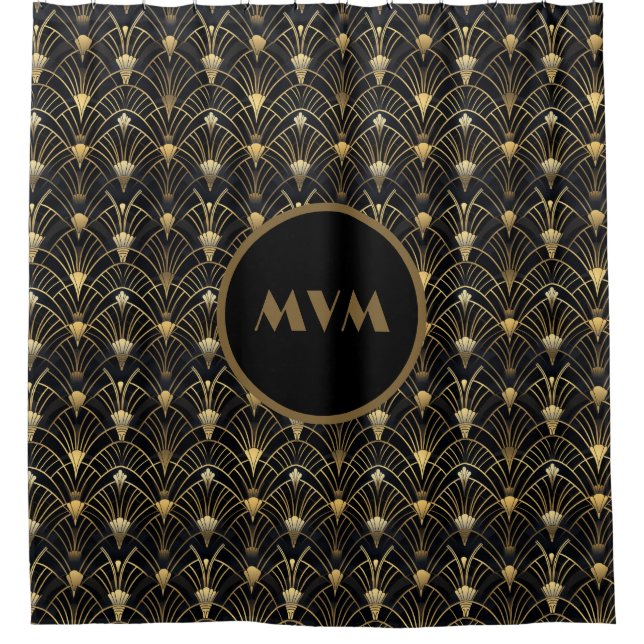 Art Deco Black Gold Monogram Shower Curtain (Front)