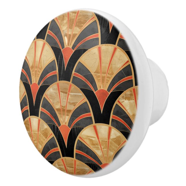 Art Deco Black Gold Red Fan Pattern Design Ceramic Knob (Right)