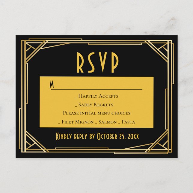 Art Deco Black Gold RSVP Great Gatsby Wedding Invitation Postcard (Front)