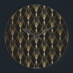Art Deco: Black Gold Seamless Luxury Large Clock<br><div class="desc">Art Deco Pattern. Seamless black and gold background. Metallic shells or scales lace ornament. Minimalistic geometric design. Vintage lines. 1920-30s motifs. Luxury vintage illustration Art Deco elegance shines in this black and gold pattern. Retro sophistication reigns. Art Deco elegance: black, gold, metallic shells. background, pattern, illustration, texture, decor, vintage, gold,...</div>