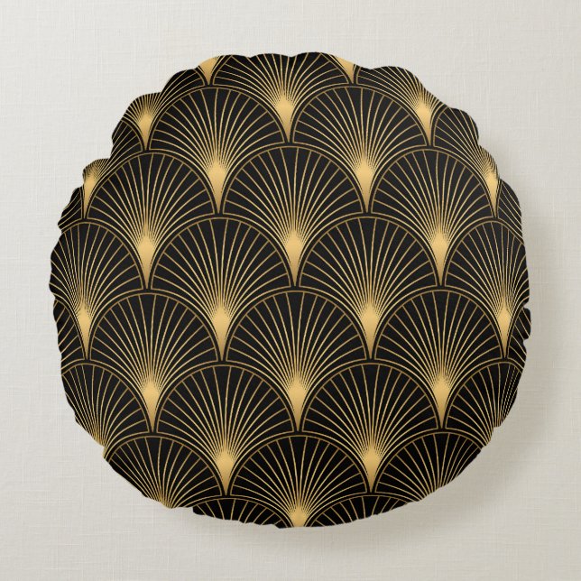 Art Deco Black Gold: Seamless Luxury Round Cushion (Front)