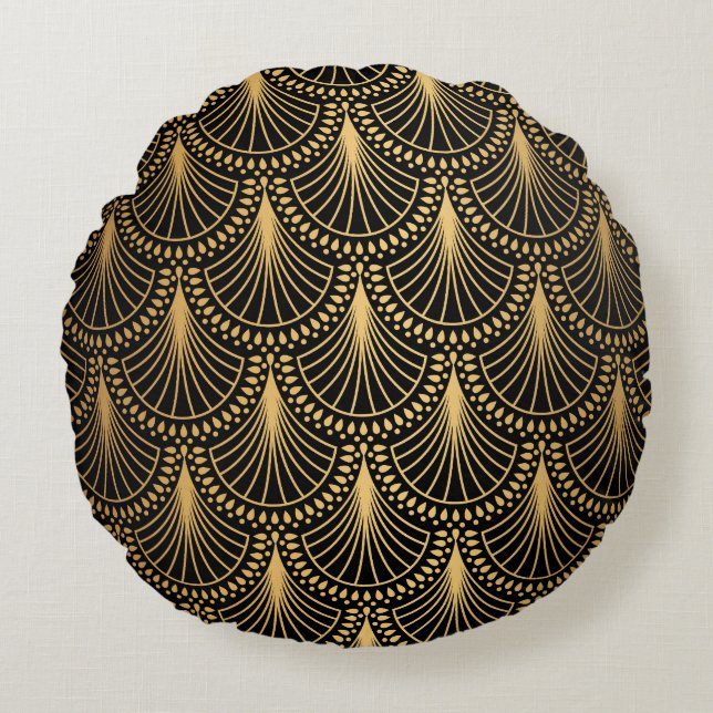 Art Deco, black gold, seamless pattern. Round Cushion (Front)