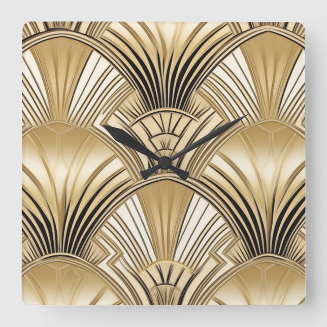 Art deco black gold square wall clock (Front)