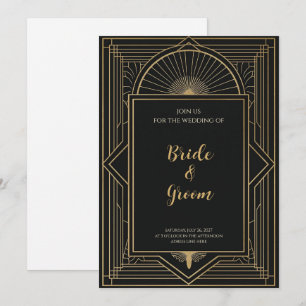 Art Deco Black Gold Sunburst Geometric Elegant Invitation