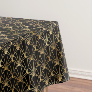 art deco black gold tiled pattern tablecloth