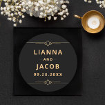 Art Deco Black Gold Wedding Classic Round Sticker<br><div class="desc">Add a touch of 1920s glamour to your wedding with this Art Deco Black Gold Wedding Classic Round Sticker. Featuring striking geometric patterns and a luxurious black and gold colour palette, it perfectly complements any Art Deco wedding. Elegant and modern, this sticker is ideal for sealing envelopes, wedding favours, or...</div>