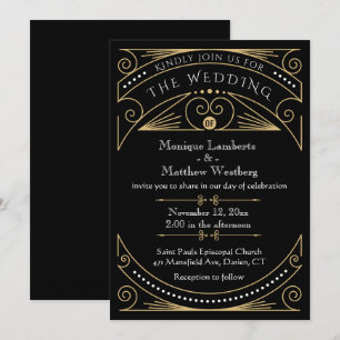 Art Deco Black & Gold Wedding Invitation