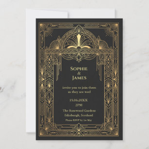 Art Deco Black Gold Wedding Invitation Dark Eleg