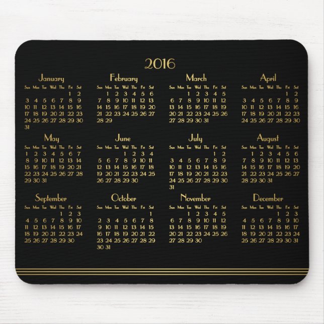 Art Deco Black Gold Yearly Calendar 2016 Mousepad (Front)