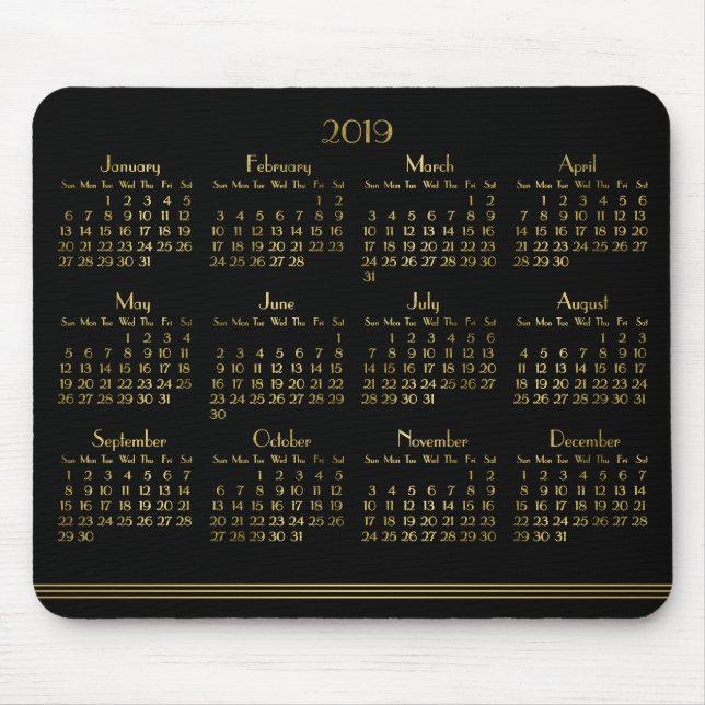 Art Deco Black Gold Yearly Calendar 2019 Mousepad (Front)