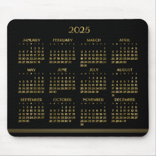 Art Deco Black Gold Yearly Calendar 2025 Mouse Pad
