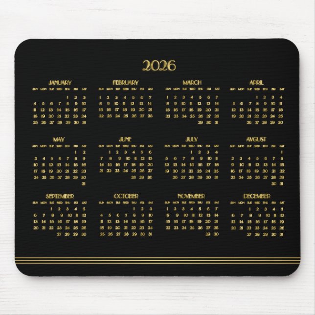 Art Deco Black Gold Yearly Calendar 2026 Mouse Pad (Front)