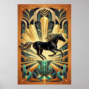 Art Deco Black Horse Cactus Palace Gold Teal Poste Poster