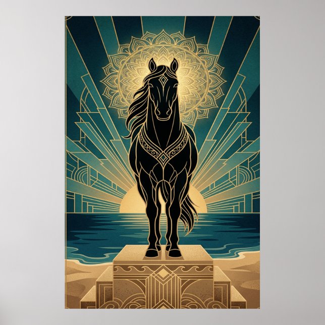 Art Deco Black Horse Mandala Sunset Teal Gold Post Poster (Front)