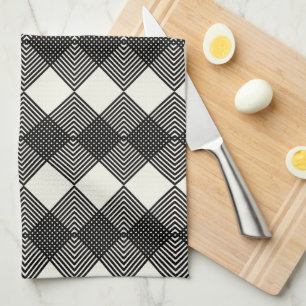 Art Deco Black Off White Diamonds Circuit Pattern Tea Towel