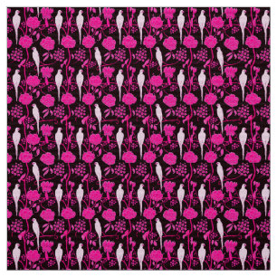 ART DECO BLACK PINK FUCHSIA FLOWERS,WHITE PARROTS FABRIC