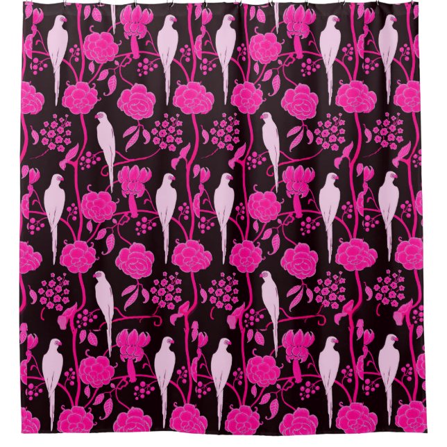 ART DECO BLACK PINK FUCHSIA FLOWERS,WHITE PARROTS SHOWER CURTAIN (Front)