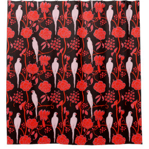 ART DECO BLACK RED FLOWERS,WHITE PARROTS Floral Shower Curtain