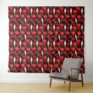 ART DECO BLACK RED FLOWERS,WHITE PARROTS Floral Tapestry