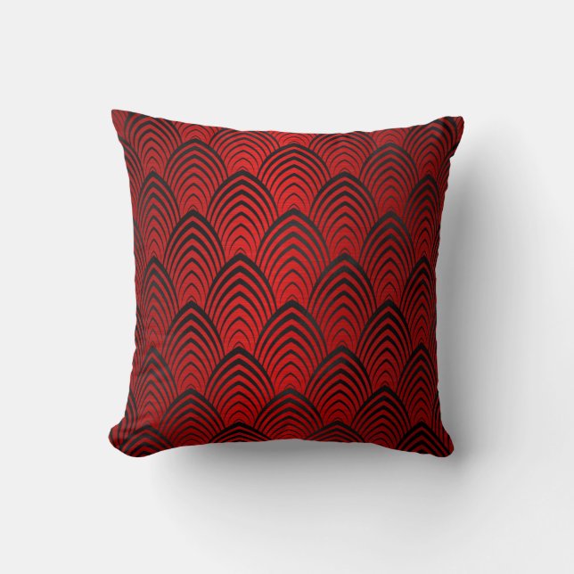 Art Deco Black Red Metallic Geometric Scales Cushion (Front)