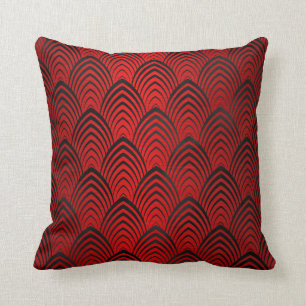 Art Deco Black Red Metallic Geometric Scales Cushion