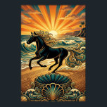 Art Deco Black Stallion Beach Waves Sunset Poster<br><div class="desc">Capture the raw energy of the coastline with this stunning Art Deco stallion. A powerful black horse with a flowing golden mane gallops through stylised ocean waves under a massive,  radiating sun. The foreground features intricate geometric shells and wave patterns,  blending equestrian power with 1920s luxury.</div>