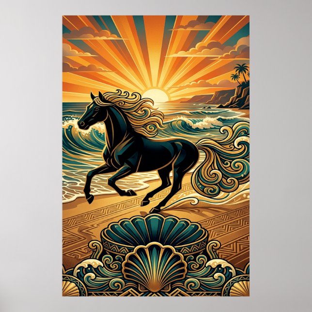 Art Deco Black Stallion Beach Waves Sunset Poster (Front)