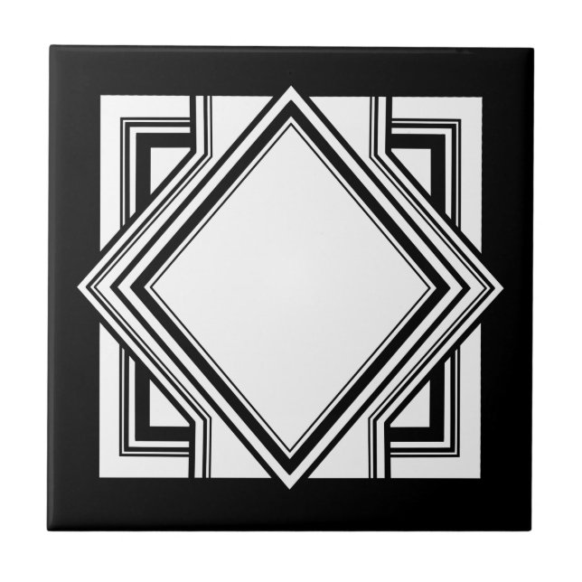 Art Deco Black White Chic Geometric Square 05 Ceramic Tile (Front)