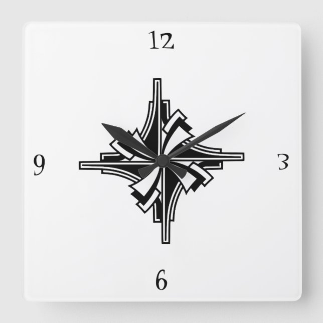 Art Deco Black & White Geometric Swirl Square Wall Clock (Front)