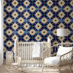 Art Deco Blue And Gold Floral Pattern Homedecor Wallpaper