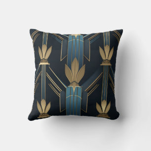 Art Deco Blue and Golden Patterns Cushion